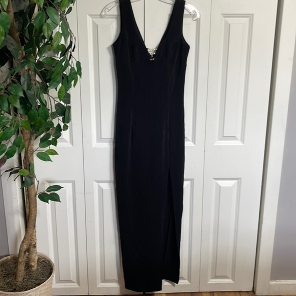 Roberta Black‎ Sleeveless V Neck Rhinestone Detail High Slit Maxi Dress
